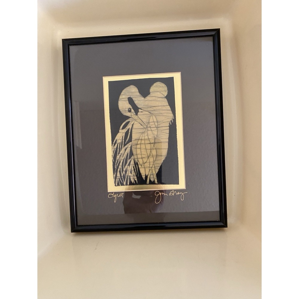 Artwork Egret By Joan Gray Black Metallic Gold Moon Boarder Batik Print Signed